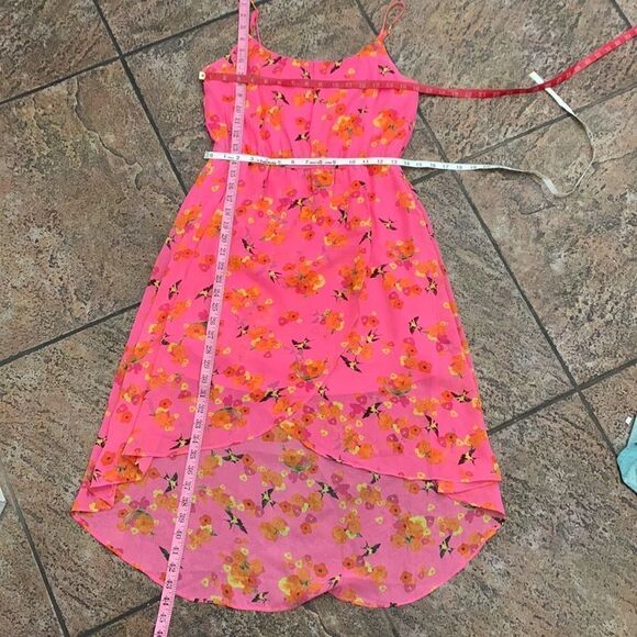 Free Bird Medium Pink Scoop Neck Spaghetti Straps Hi Lo Hem Birds Flowers Dress - Picture 8 of 8